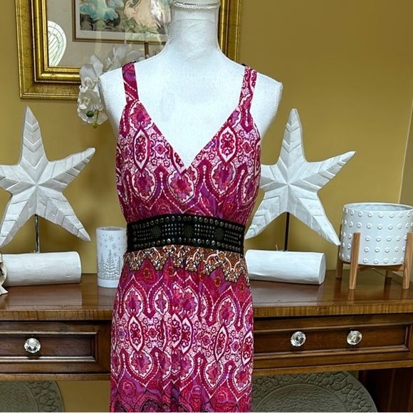 Mlle Gabrielle Women’s Sleeveless Pink Floral Boho Waist Studded Maxi Dress Med - Picture 3 of 12